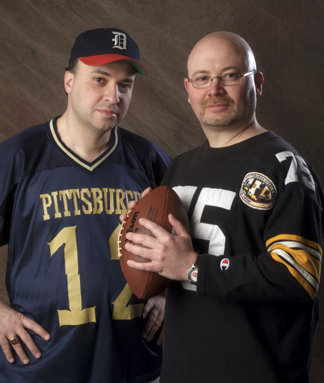 Steel City Gridirons authors David Finoli and Chris Fletcher in thier favorite Pittsburgh Steeler shirts. Two of Western Pennsylvania's most avid football fans.